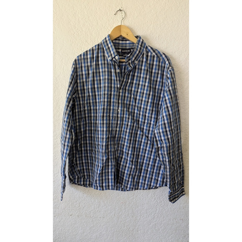 Haggar Mens Blue Grey Plaid Button Down Shirt Long Sleeve Cotton Blend Size L